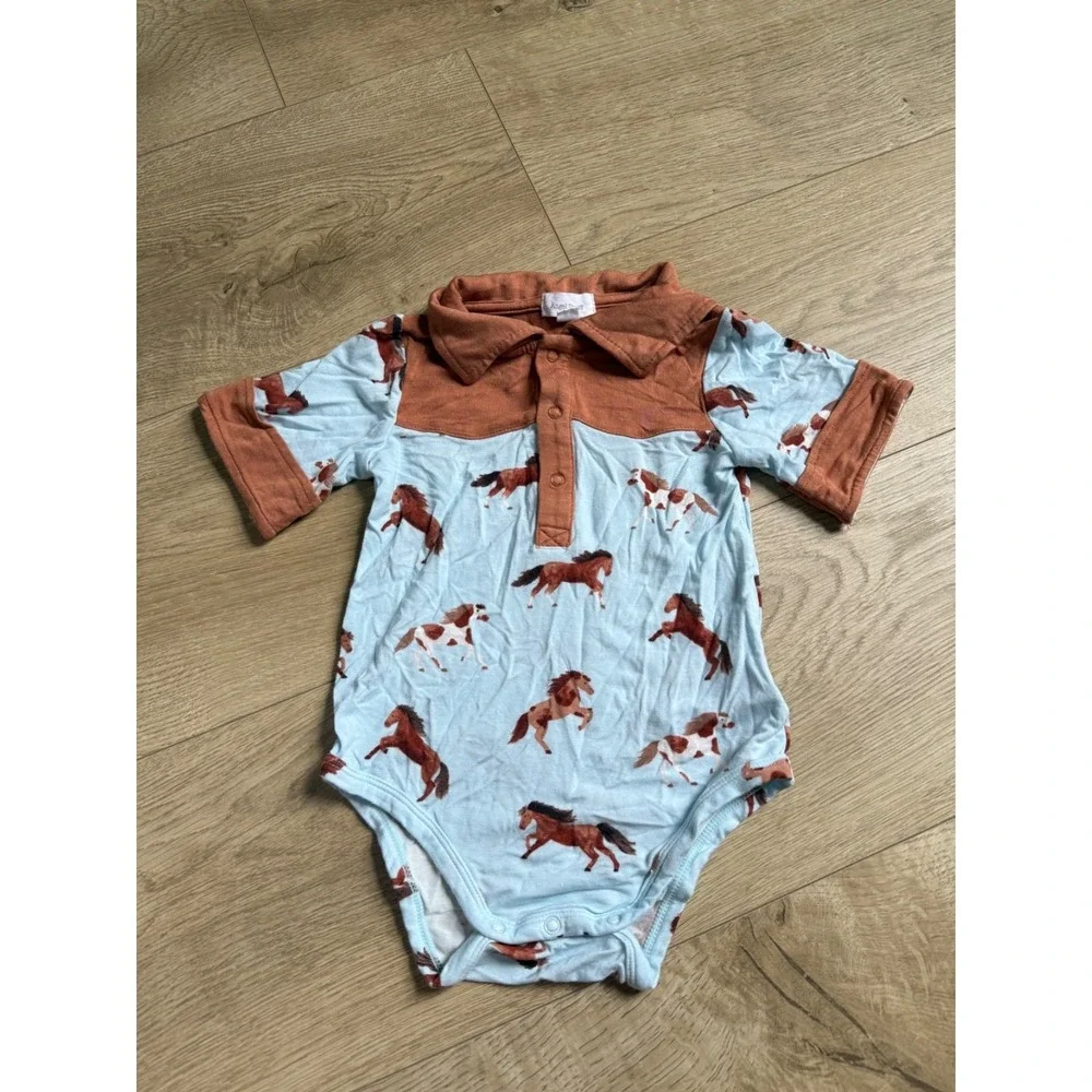 EUC Baby boy Angel Dear Buckaroo Western horse collared bodysuit bamboo 12-18M